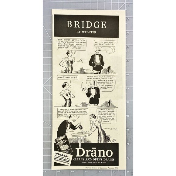 Drano/Windex "Cleans and Opens Drains" Bridge Cartoon Vintage Print Ad 1936 - Picture 2 of 3